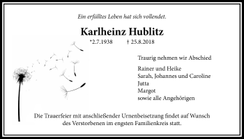 Traueranzeige von Karlheinz Hublitz von Licher Wochenblatt, Licher Wochenblatt, Licher Wochenblatt
