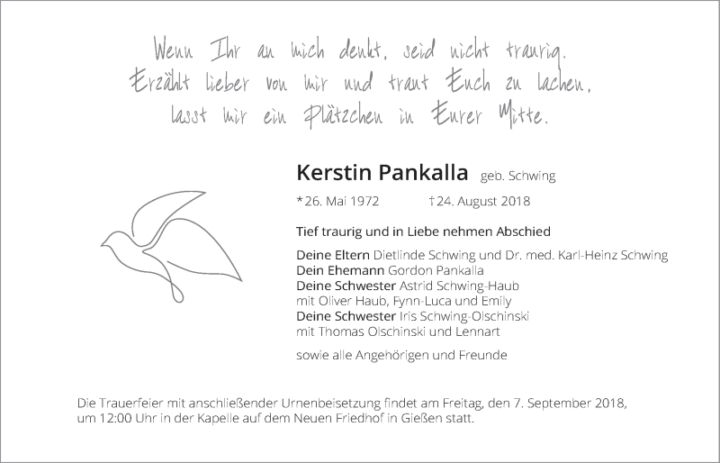  Traueranzeige für Kerstin Pankalla vom 29.08.2018 aus Giessener Allgemeine, Alsfelder Allgemeine