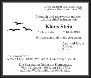 Traueranzeige von Klaus Stein von Wetterauer Zeitung, Wetterauer Zeitung