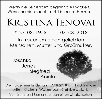 Traueranzeige von Kristina Jenovai von Giessener Allgemeine, Alsfelder Allgemeine, Pohlheimer Nachrichten