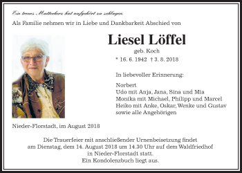 Traueranzeige von Liesel Löffel von Wetterauer Zeitung, Wetterauer Zeitung