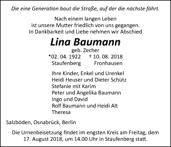 Traueranzeige von Lina Baumann von Giessener Allgemeine, Alsfelder Allgemeine