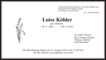 Traueranzeige von Luise Köhler von Giessener Allgemeine, Alsfelder Allgemeine