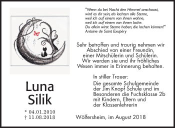 Traueranzeige von Luna Silik von Wetterauer Zeitung, Wetterauer Zeitung