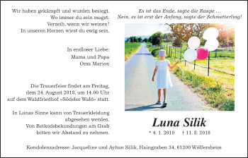 Traueranzeige von Luna Silik von Wetterauer Zeitung, Wetterauer Zeitung