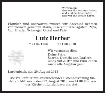Traueranzeige von Lutz Herber von Giessener Allgemeine, Alsfelder Allgemeine