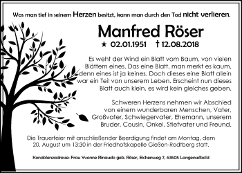 Traueranzeige von Manfred Röser von Giessener Allgemeine, Alsfelder Allgemeine