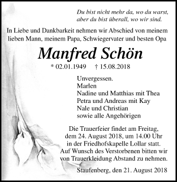 Traueranzeige von Manfred Schön von Giessener Allgemeine, Alsfelder Allgemeine