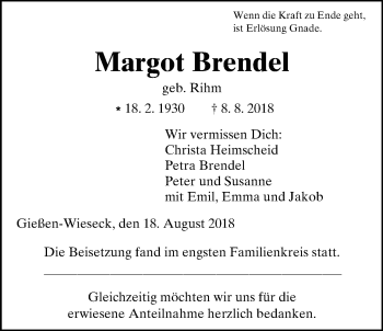Traueranzeige von Margot Brendel von Giessener Allgemeine, Alsfelder Allgemeine