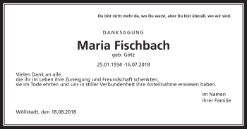 Traueranzeige von Maria Fischbach von Wetterauer Zeitung, Wetterauer Zeitung