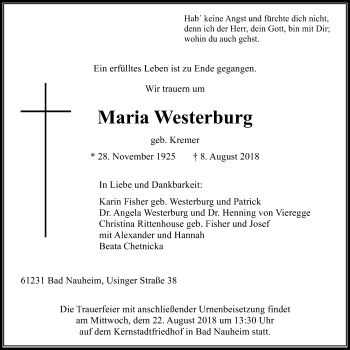 Traueranzeige von Maria Westerburg von Wetterauer Zeitung, Wetterauer Zeitung