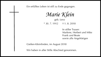 Traueranzeige von Marie Klein von Giessener Allgemeine, Alsfelder Allgemeine