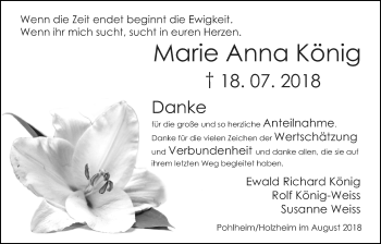 Traueranzeige von Marie Anna König von Pohlheimer Nachrichten