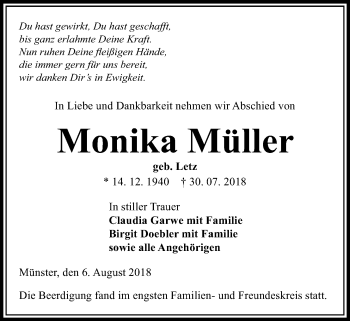 Traueranzeige von Monika Müller von Giessener Allgemeine, Alsfelder Allgemeine
