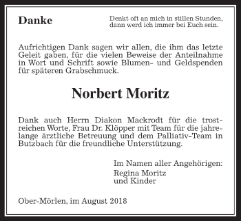 Traueranzeige von Norbert Moritz von Wetterauer Zeitung, Wetterauer Zeitung