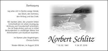 Traueranzeige von Norbert Schlitz von Wetterauer Zeitung, Wetterauer Zeitung
