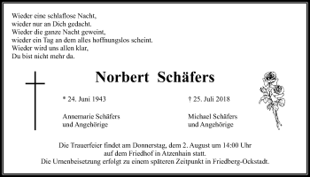 Traueranzeige von Norbert Schäfers von Giessener Allgemeine, Alsfelder Allgemeine