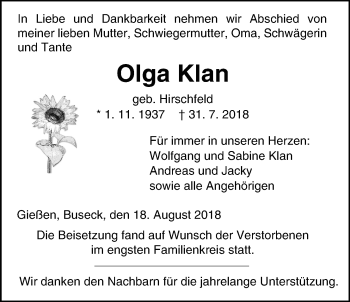 Traueranzeige von Olga Klan von Giessener Allgemeine, Alsfelder Allgemeine