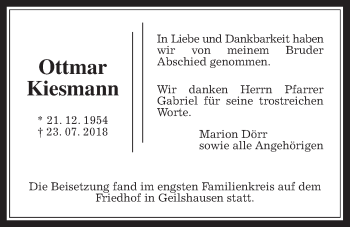 Traueranzeige von Ottmar Kiesmann von Rabenauer Zeitung