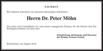 Traueranzeige von Peter Möhn von Giessener Allgemeine, Alsfelder Allgemeine