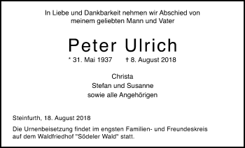 Traueranzeige von Peter Ulrich von Wetterauer Zeitung, Wetterauer Zeitung