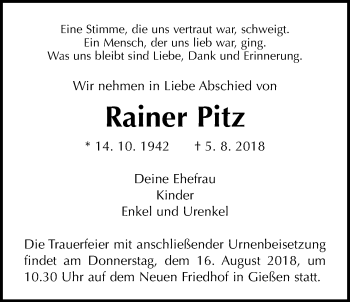 Traueranzeige von Rainer Pitz von Giessener Allgemeine, Alsfelder Allgemeine