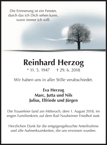 Traueranzeige von Reinhard Herzog von Wetterauer Zeitung, Wetterauer Zeitung