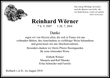 Traueranzeige von Reinhard Wörner von Wetterauer Zeitung, Wetterauer Zeitung