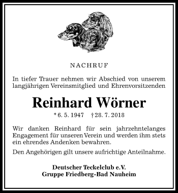 Traueranzeige von Reinhard Wörner von Wetterauer Zeitung, Wetterauer Zeitung