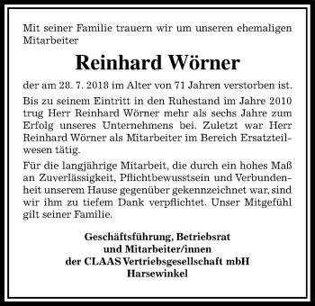 Traueranzeige von Reinhard Wörner von Wetterauer Zeitung, Wetterauer Zeitung