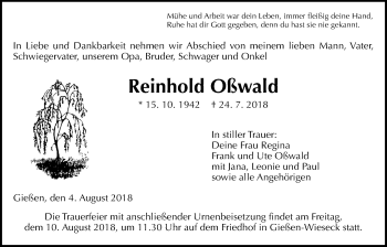 Traueranzeige von Reinhold Oßwald von Giessener Allgemeine, Alsfelder Allgemeine