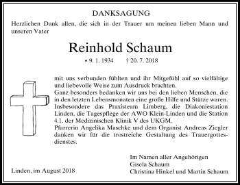 Traueranzeige von Reinhold Schaum von Giessener Allgemeine, Alsfelder Allgemeine