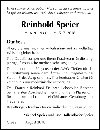 Traueranzeige von Reinhold Speier von Giessener Allgemeine, Alsfelder Allgemeine