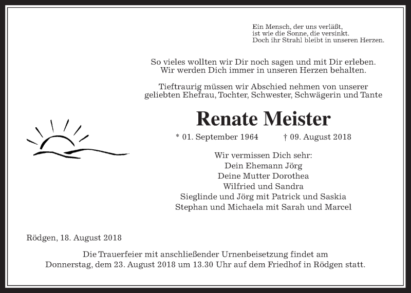  Traueranzeige für Renate Meister vom 18.08.2018 aus Wetterauer Zeitung, Wetterauer Zeitung