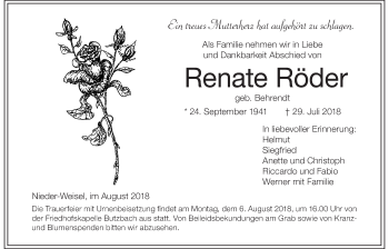 Traueranzeige von Renate Röder von Wetterauer Zeitung, Wetterauer Zeitung