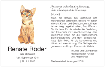 Traueranzeige von Renate Röder von Wetterauer Zeitung, Wetterauer Zeitung