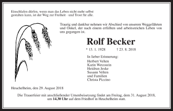 Traueranzeige von Rolf Becker von Wetterauer Zeitung, Wetterauer Zeitung