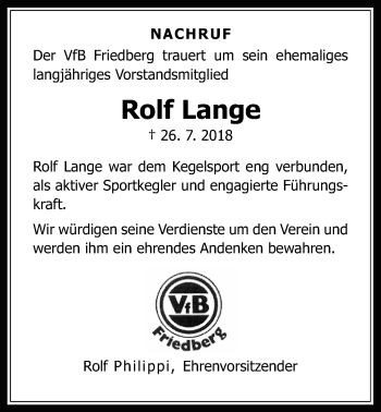 Traueranzeige von Rolf Lange von Wetterauer Zeitung, Wetterauer Zeitung