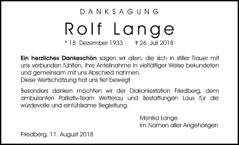 Traueranzeige von Rolf Lange von Wetterauer Zeitung, Wetterauer Zeitung