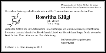 Traueranzeige von Roswitha Klügl von Wetterauer Zeitung, Wetterauer Zeitung