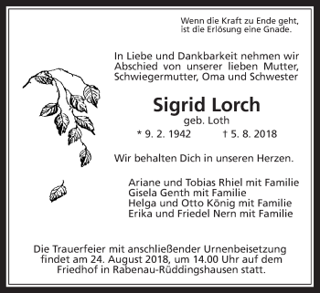 Traueranzeige von Sigrid Lorch von Giessener Allgemeine, Alsfelder Allgemeine
