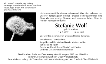 Traueranzeige von Stefanie Wolf von Wetterauer Zeitung, Wetterauer Zeitung