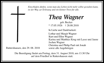 Traueranzeige von Thea Wagner von Giessener Allgemeine, Alsfelder Allgemeine