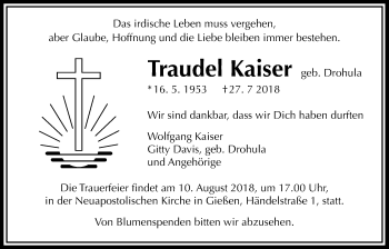 Traueranzeige von Traudel Kaiser von Giessener Allgemeine, Alsfelder Allgemeine