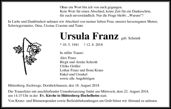 Traueranzeige von Ursula Franz von Giessener Allgemeine, Alsfelder Allgemeine