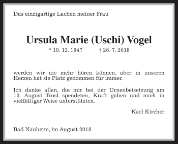 Traueranzeige von Ursula Marie Vogel von Wetterauer Zeitung, Wetterauer Zeitung