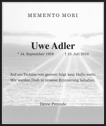 Traueranzeige von Uwe Adler von Alsfelder Allgemeine