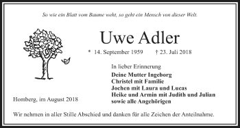 Traueranzeige von Uwe Adler von Alsfelder Allgemeine