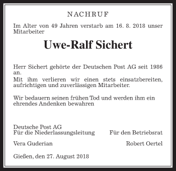 Traueranzeige von Uwe-Ralf Sichert von Giessener Allgemeine, Alsfelder Allgemeine