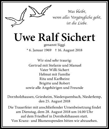 Traueranzeige von Uwe Ralf Sichert von Giessener Allgemeine, Alsfelder Allgemeine